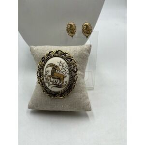 Vintage Sugar Glass Brooch Earring Set Portrait Western Germany Zodiac Aries Ram